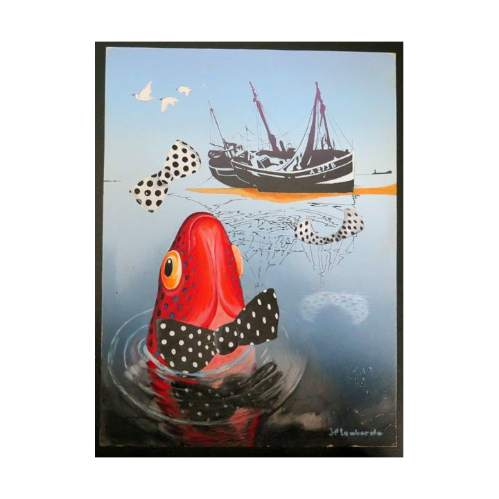 Peinture A4 gouache de Jean Paul Lombardo pêche et noeuds papillons