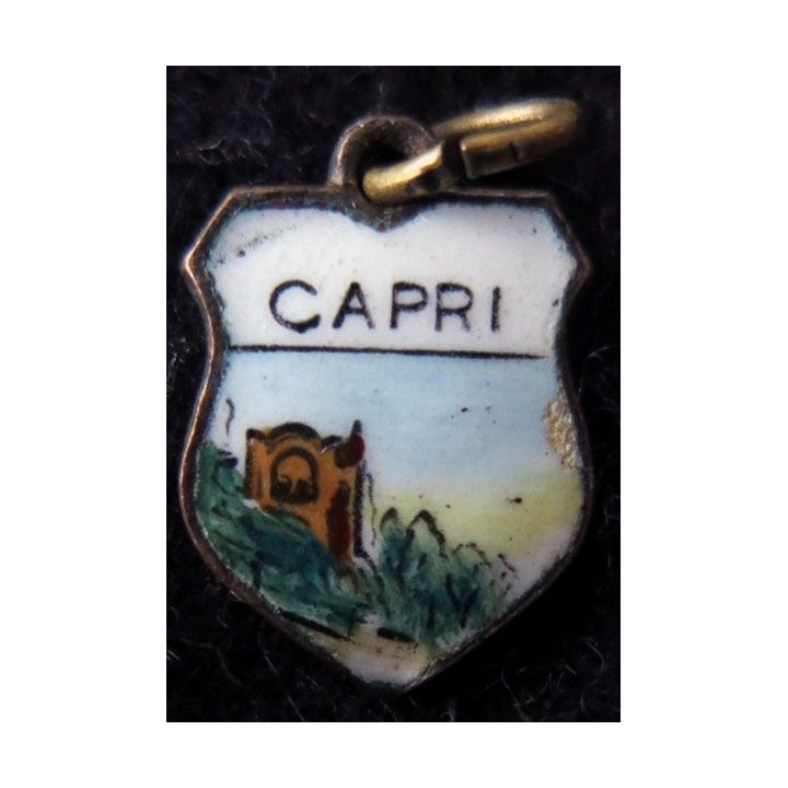 BLASON CAPRI : Ancien blason en émail de la ville de Capri 16 x 11 mm avec anneau et maillon