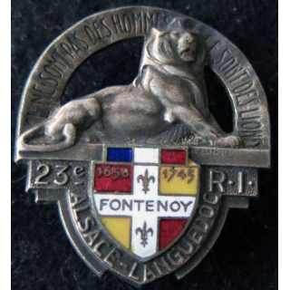 23° RI : insigne du 23° régiment d'infanterie Drago Béranger déposé émail translucide Alsace-Languedoc Fontenoy 1658 1745