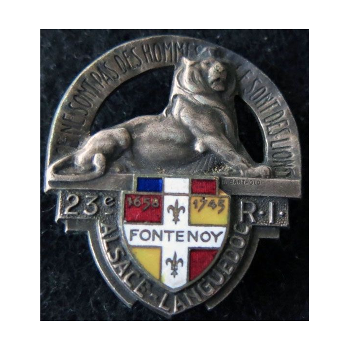 23° RI : insigne du 23° régiment d'infanterie Drago Béranger déposé émail translucide Alsace-Languedoc Fontenoy 1658 1745