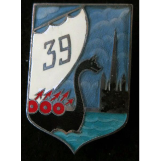 39° RI : insigne métallique du 39° Régiment d'Infanterie de fabrication Drago Paris G. 1947 en émail