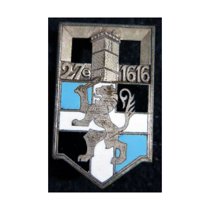 27° RI : insigne métallique du 27° régiment d'infanterie Arthus Bertrand Paris Déposé en émail