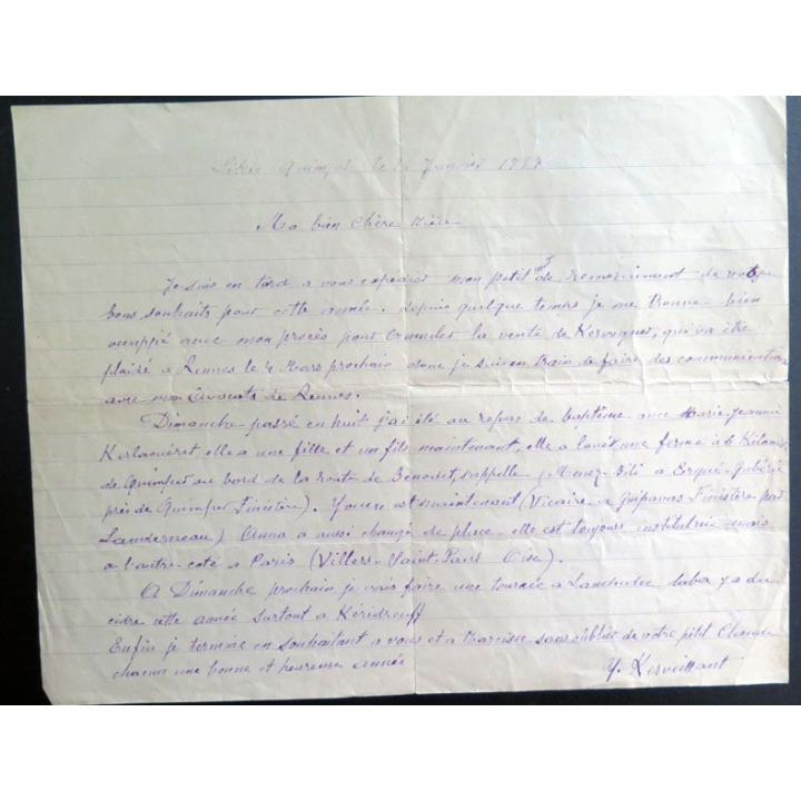 Lettre de voeux du 14 janvier 1937 de Quimper de M. Kerveillant