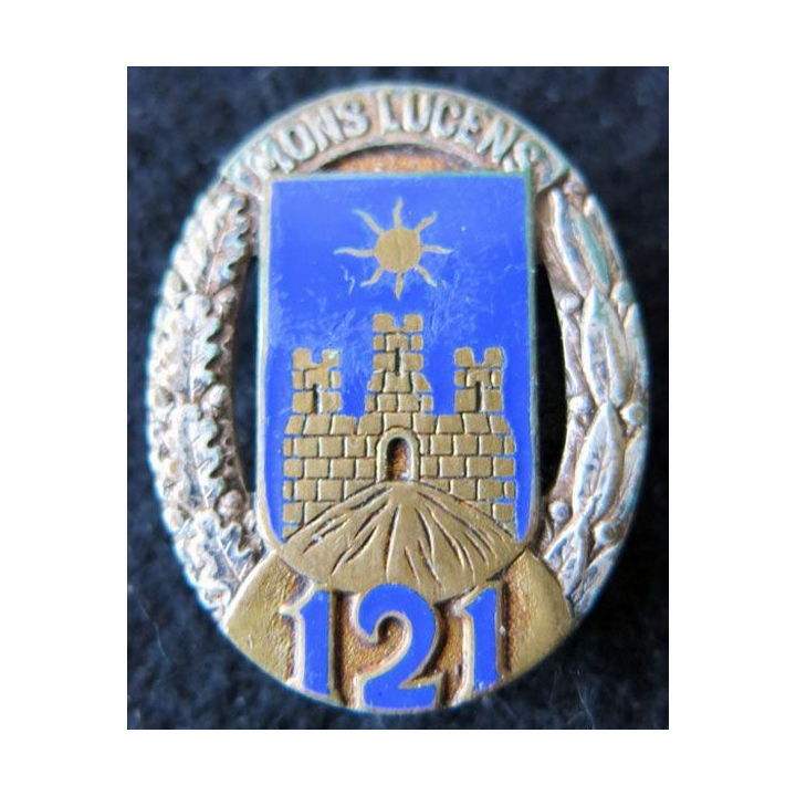 121° RI : Insigne métallique du 121° régiment d'infanterie de fabrication Drago Paris G. 430 en émail dos guilloché