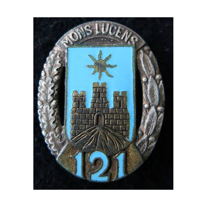 121° RI : Insigne métallique du 121° régiment d'infanterie de fabrication Drago Paris G. 430 en émail dos guilloché