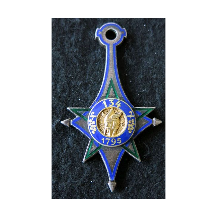 134° BI : insigne métallique du 134° bataillon d'infanterie de fabrication Drago G. 1634 en émail matriculé 0949