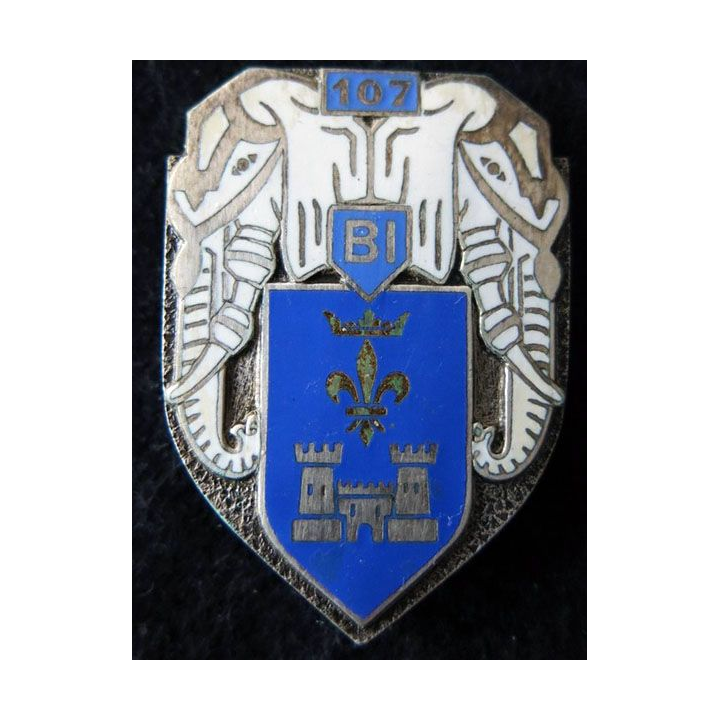 107° BI : Insigne métallique du 107° bataillon d'infanterie de fabrication Drago Paris dos guilloché