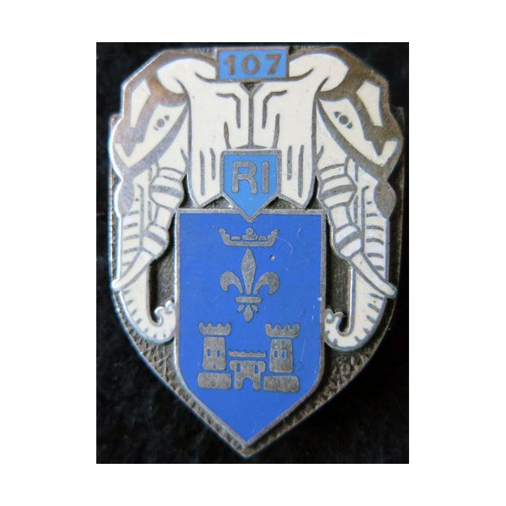 107° RI : Insigne métallique du 107° régiment d'infanterie de fabrication Drago Paris dos guilloché