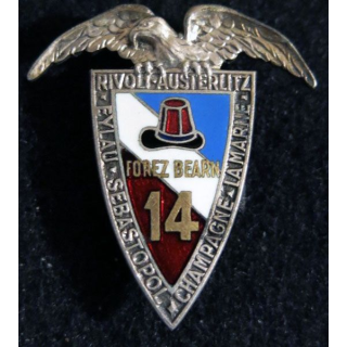14° RI : Insigne métallique du 14° régiment d'infanterie Forez Béarn Arthus Bertrand Paris en émail