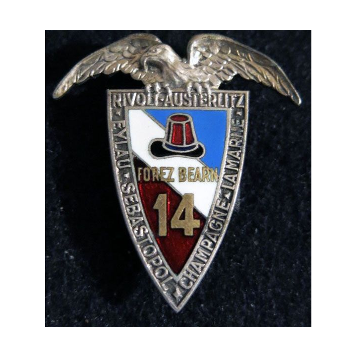 14° RI : Insigne métallique du 14° régiment d'infanterie Forez Béarn Arthus Bertrand Paris en émail