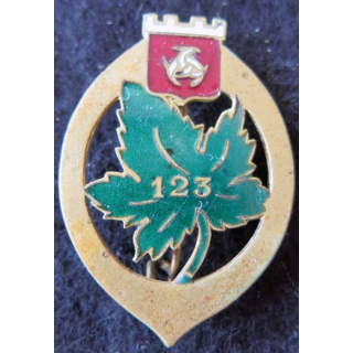 123° RI : Insigne métallique du 123° régiment d'infanterie sans nom du fabricant dos lisse en émail