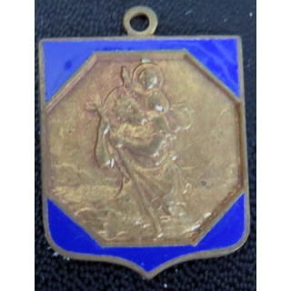  ancien blason métallique en émail bleu de Saint Christophe 22 x 29 mm
