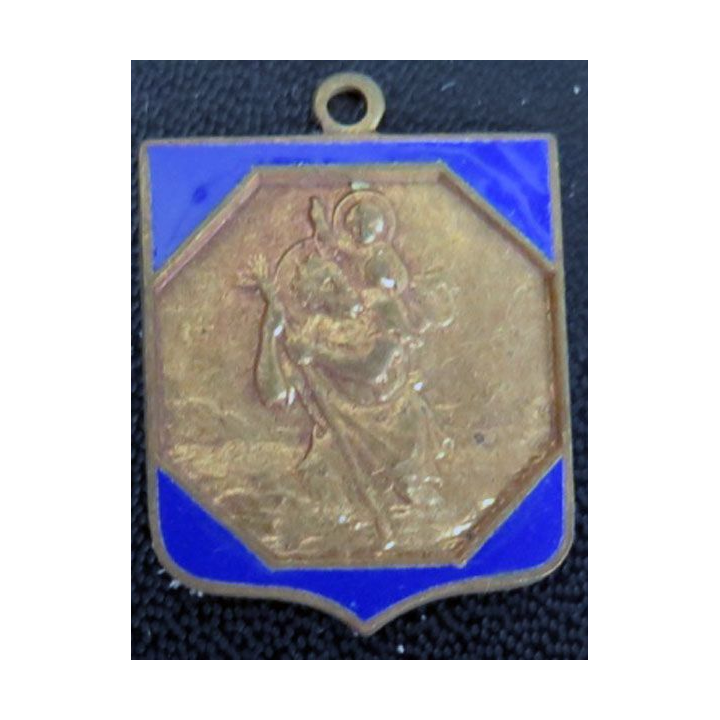  ancien blason métallique en émail bleu de Saint Christophe 22 x 29 mm