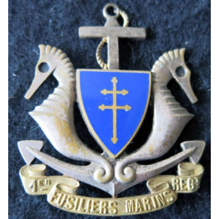 1° RFM 1° DFL : insigne métallique du 1° régiment de fusiliers marins 1° DFL en émail (modèle Hermès) embouti