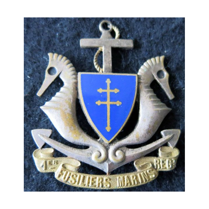 1° RFM 1° DFL : insigne métallique du 1° régiment de fusiliers marins 1° DFL en émail (modèle Hermès) embouti