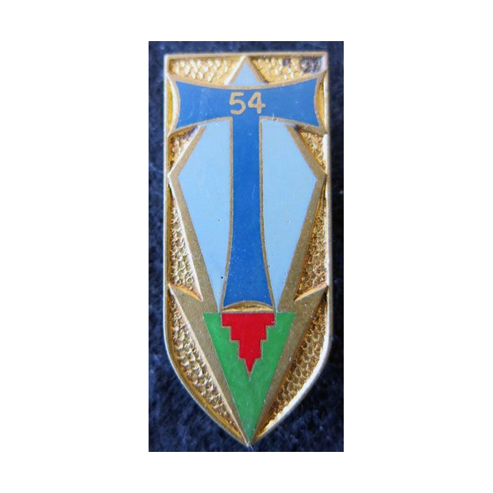 54° RT : insigne du 54° régiment de transmissions de fabrication Drago Paris G. 2168 T de couleur bleu moyen