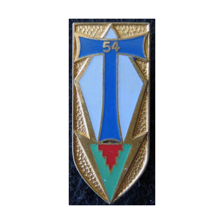 54° RT : insigne du 54° régiment de transmissions de fabrication Drago Paris G. 2168 T de couleur bleu moyen