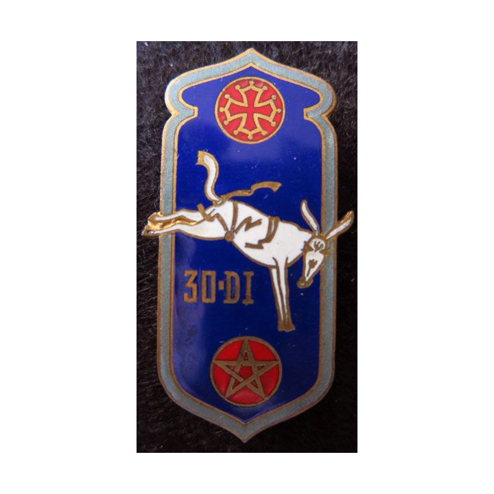 30° DI : Insigne métallique de la 30° division d’infanterie Maroc de fabrication Drago Paris G. 1445 en émail