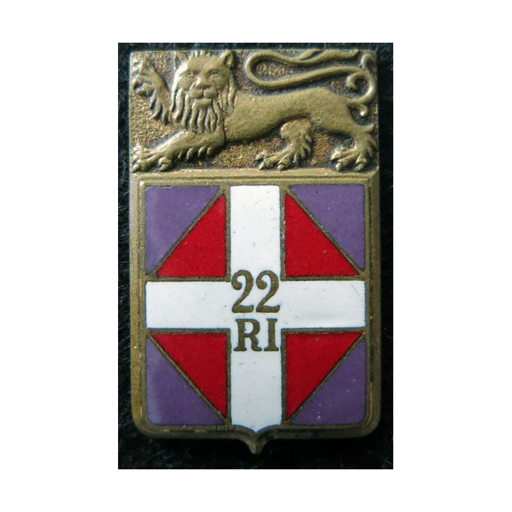 22° RI : insigne métallique du 22° régiment d''infanterie de fabrication Drago Paris G. 1296 en émail sans attache