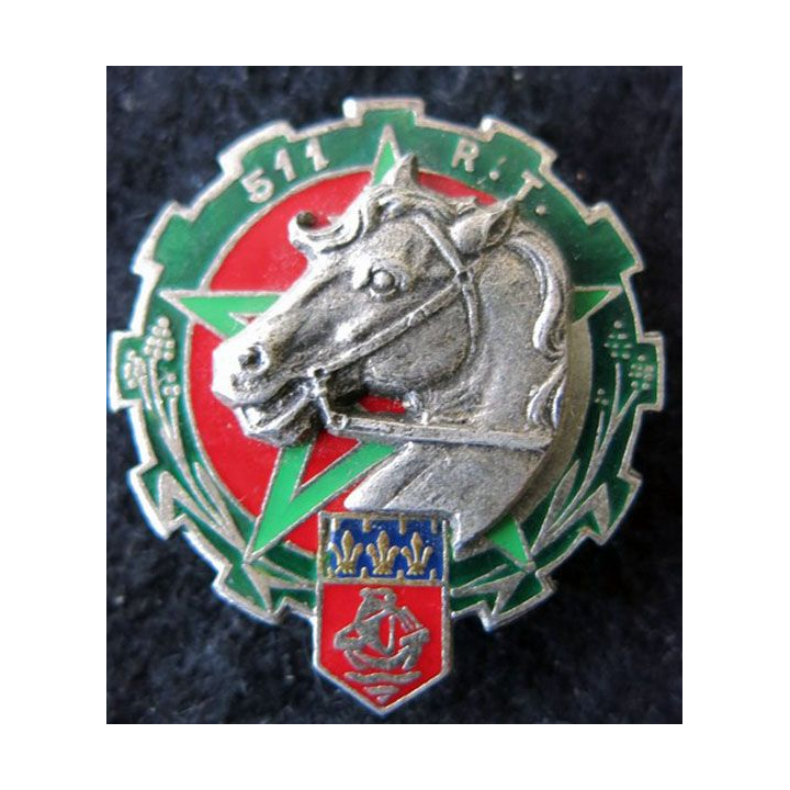 511° RT : insigne métallique du 511° régiment du train de fabrication Drago Paris G. 2631 en relief vert foncé