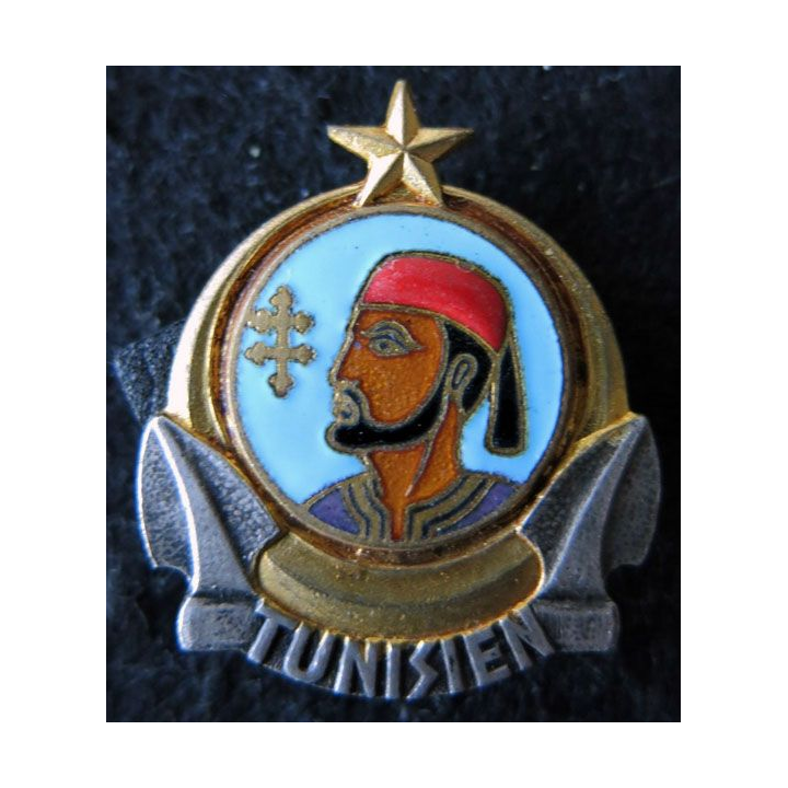 TUNISIEN : insigne métallique de l'Escorteur Tunisien dos lisse argenté Drago Béranger déposé en émail