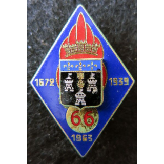 66° RI : insigne métallique du 66° régiment d'infanterie de fabrication Drago Paris G. 1984 en émail dos argenté