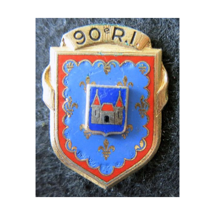 90° RI : insigne métallique du 90° régiment d'infanterie de fabrication Drago Paris en émail
