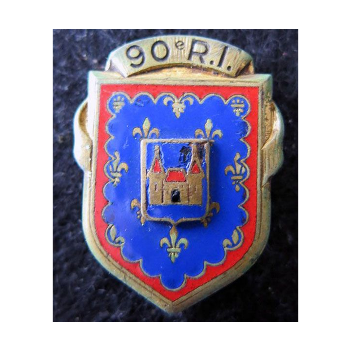 90° RI : insigne métallique du 90° régiment d'infanterie de fabrication Drago Paris G. 1918 éclat d'émail