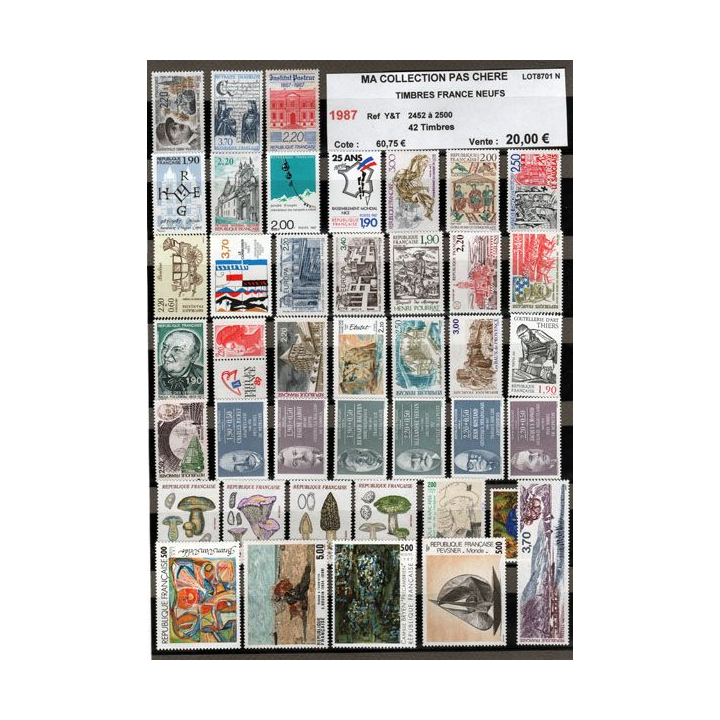 FRANCE : planche de 42 timbres neufs 1987 réf : Y&T N° 2452 à 2500 (JFB)