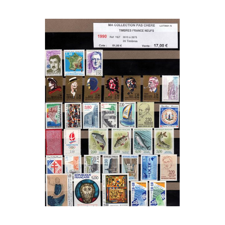 FRANCE : planche de 35 timbres neufs 1990 réf : Y&T N° 2615 à 2675 (JFB)