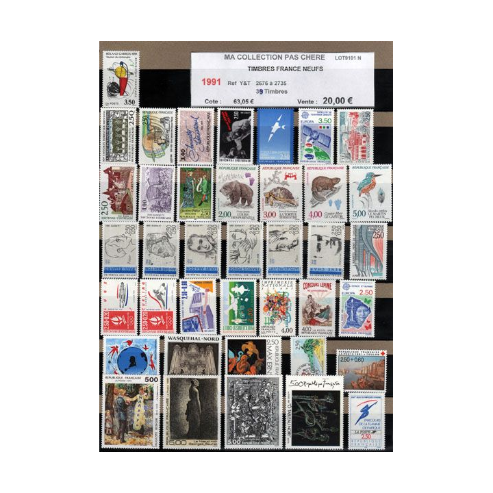 FRANCE : planche de 39 timbres neufs 1991 réf : Y&T N° 2676 à 2735 (JFB)