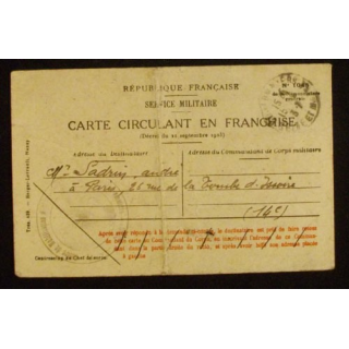 CARTE CIRCULANT EN FRANCHISE 15 SEPTEMBRE 1937 5°RI