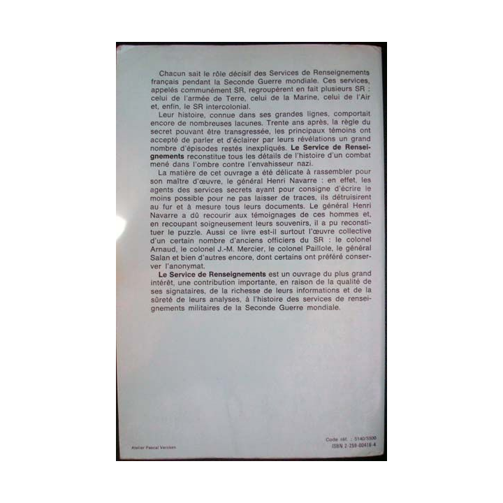 Le service de Renseignements 1871 - 1944 écrit par Henri Navarre aux éditions Plon - 0447