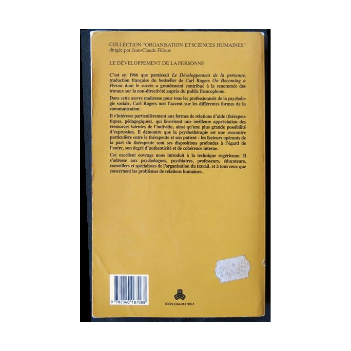 Le développement de la personne écrit par Carl R. Rogers aux éditions Dunod - F001