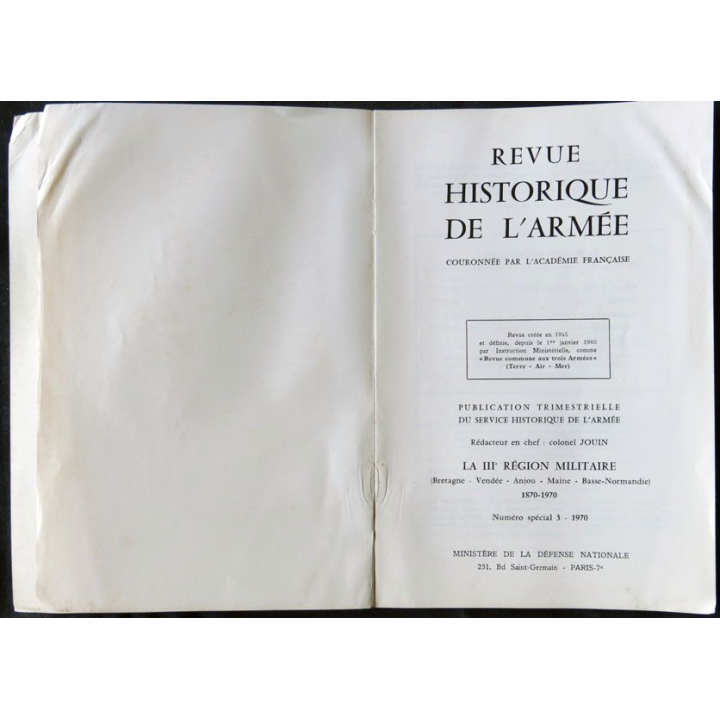Revue historique de l'armée - 3° région militaire 1870-1970 - F001