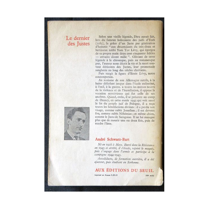 Le dernier des justes écrit par André Schwarz-Bart aux éditions du Seuil - F004