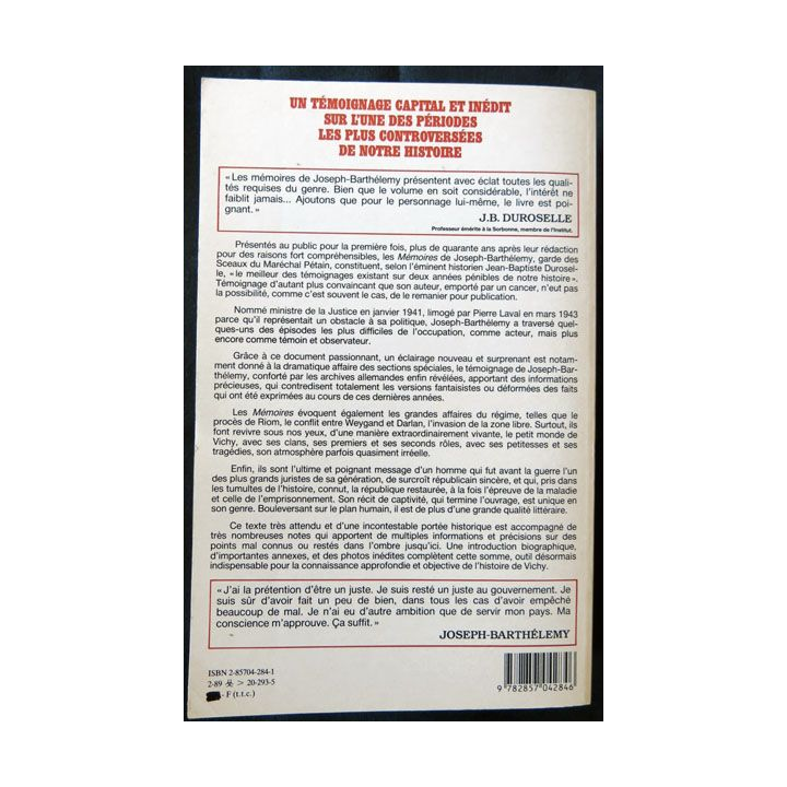 Ministre de la justice Vichy 1941-1943 écrit par Joseph Barthélémy aux éditions Pygmalion - F005